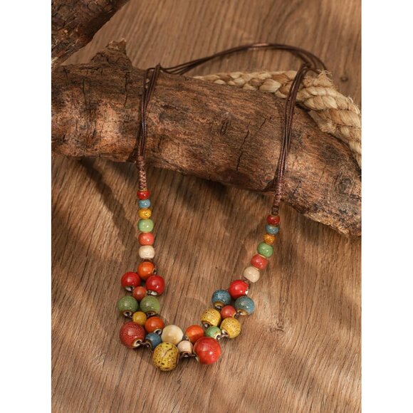 Hippie Boho Colorful Ceramic Round Beads Strand Necklace, Bohemian Fashion State - Picture 2 of 7
